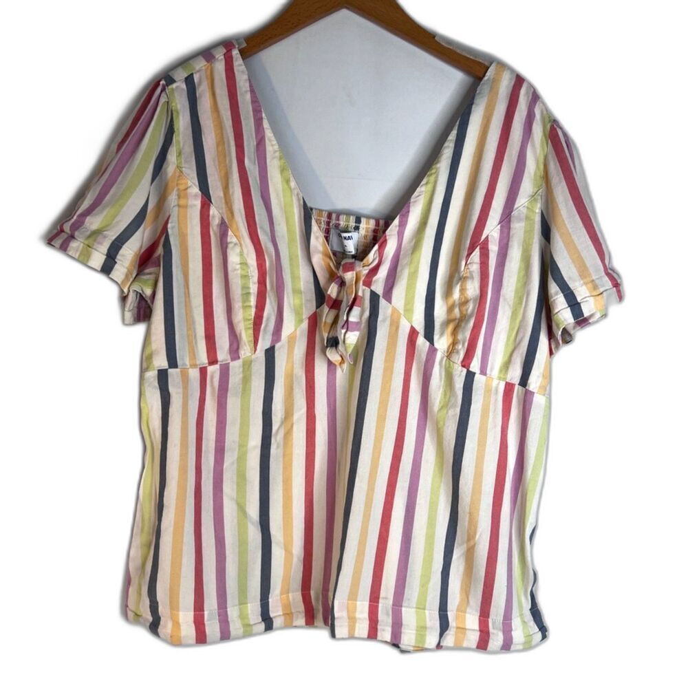 Old Navy Colorful Rainbow Striped Vneck Smocked Back Empire Top Size XL‎
